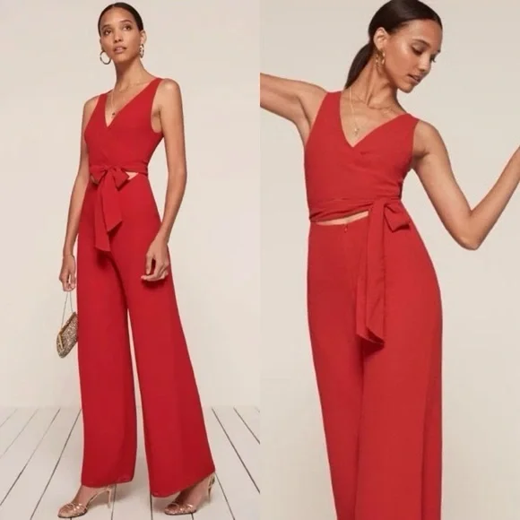Reformation NEW Patti Jumpsuit in Cherry Red Romper Flare Wide Leg Sz 2 RARE - Picture 1 of 15